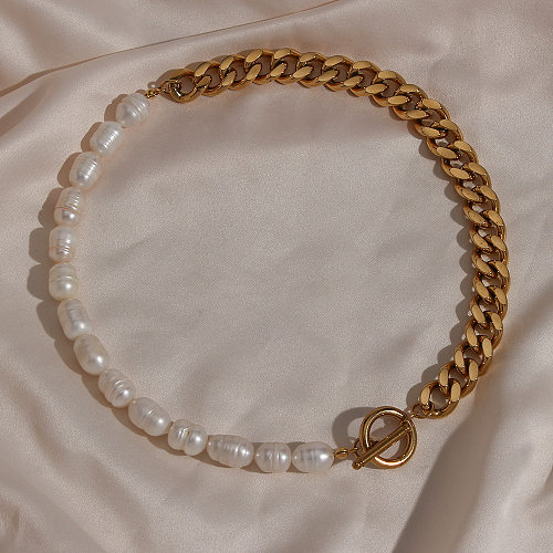 Collier ras du cou épais en acier inoxydable, couture de chaîne de perles à la mode