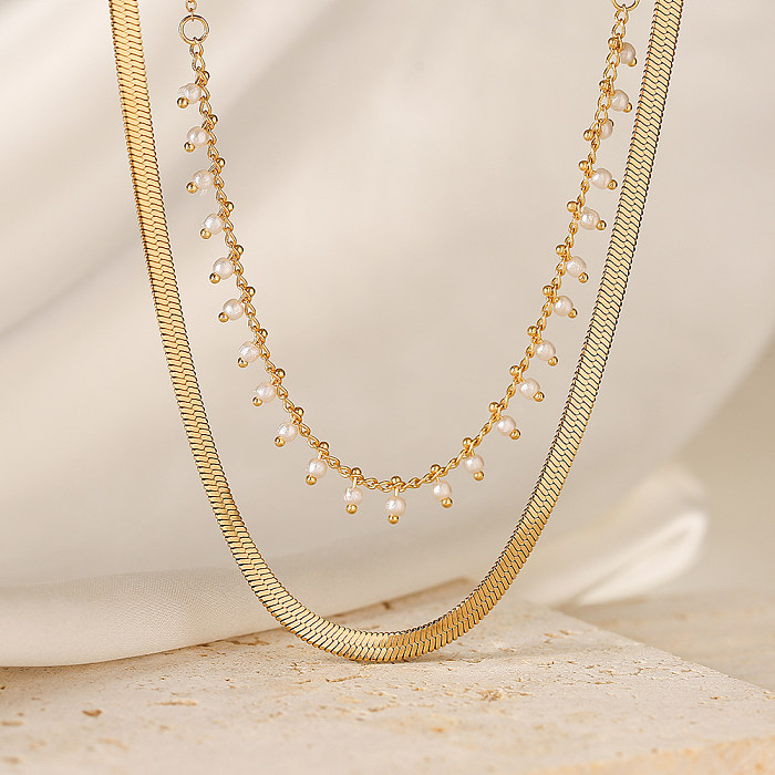 Schlichter Stil für Pendler, einfarbig, Edelstahl, mit Perlenbeschichtung, 18 Karat vergoldet, mehrschichtige Halsketten, Anhänger-Halskette