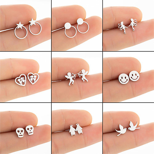 Simple Style Penguin Skull Bird Stainless Steel  Hollow Out Ear Studs 1 Pair