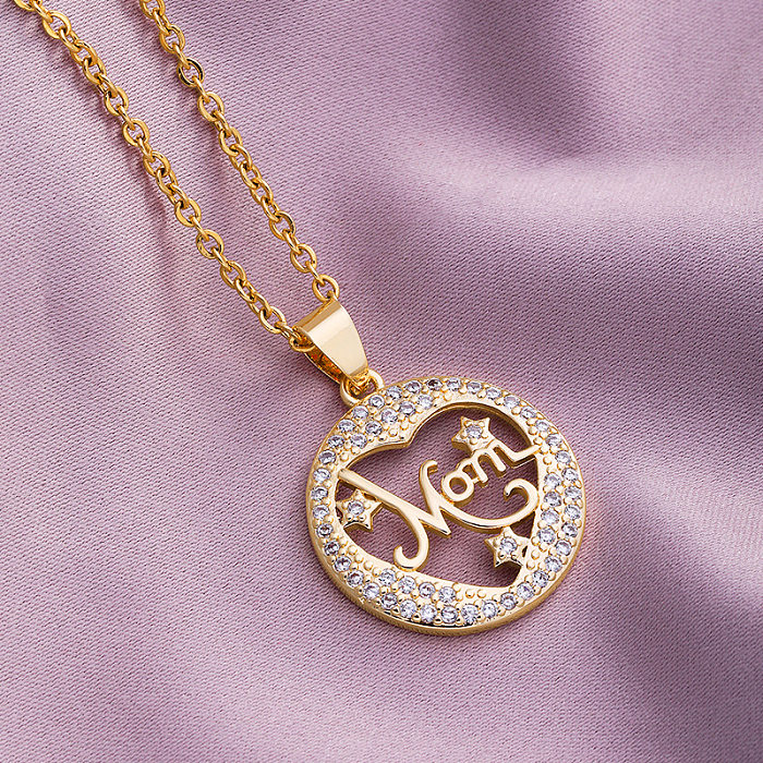 1 Piece Fashion MAMA Letter Heart Shape Stainless Steel  Rhinestone Plating Inlay Zircon Pendant Necklace