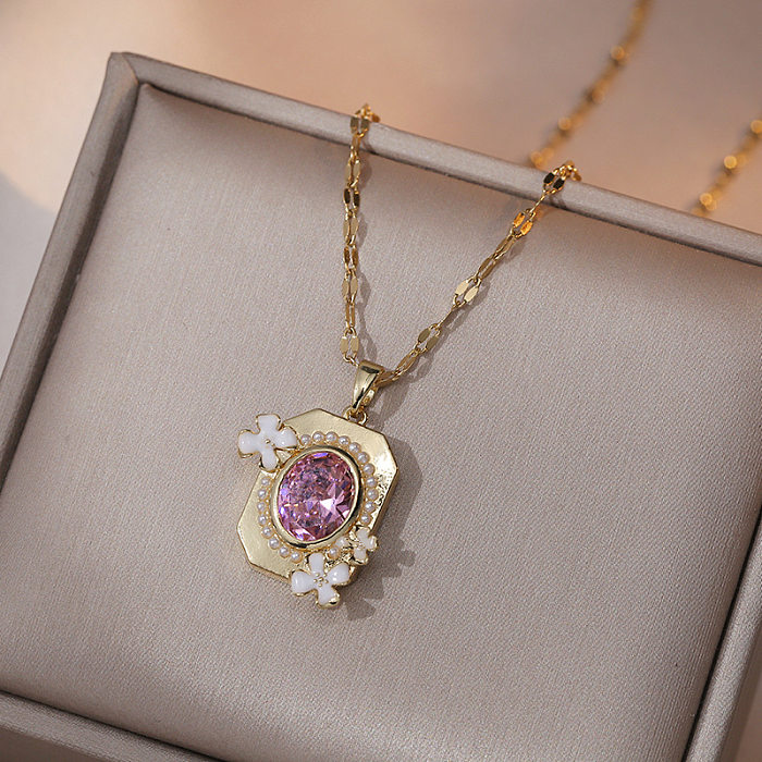 Collier pendentif rectangulaire en acier inoxydable, fleur douce, incrustation de perles artificielles, diamant artificiel