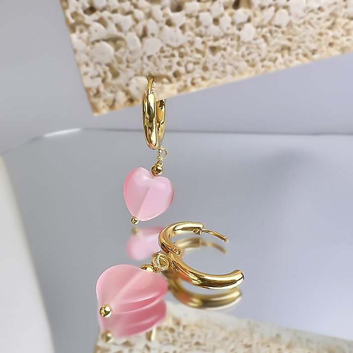 1 Pair French Style Heart Shape Stainless Steel  Opal Earrings