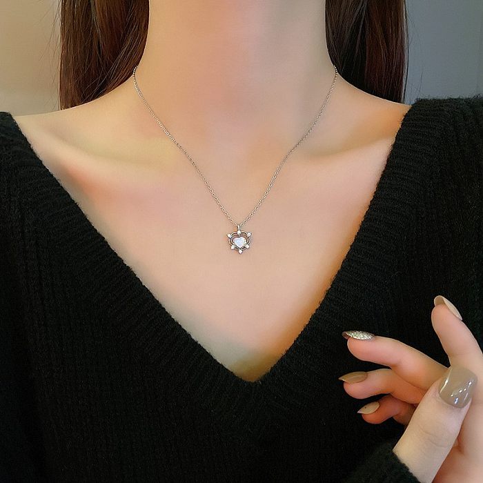 Elegant Lady Geometric Heart Shape Bow Knot Stainless Steel Copper Plating Inlay Zircon Pendant Necklace