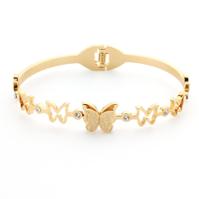 Retro Butterfly Stainless Steel Inlay Rhinestones Bangle