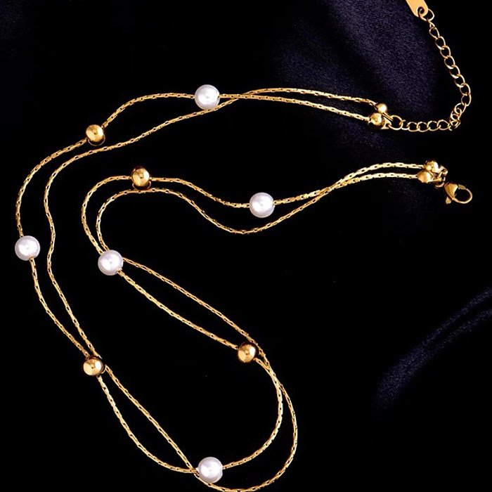 Simple Style Geometric Stainless Steel  Layered Necklaces Gold Plated Pearl Stainless Steel  Necklaces