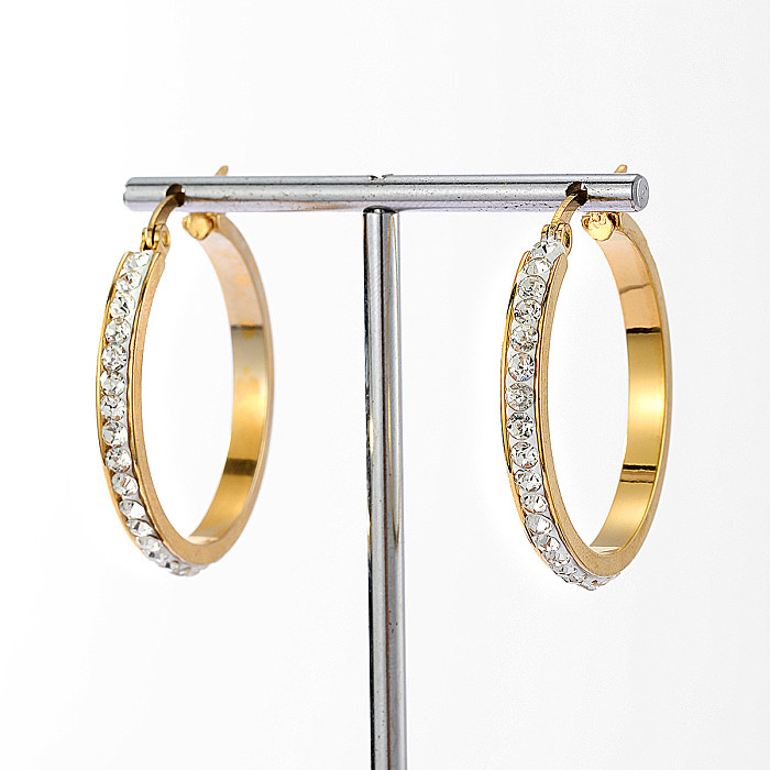 1 Pair Fashion Round Stainless Steel  Inlay Rhinestones Earrings