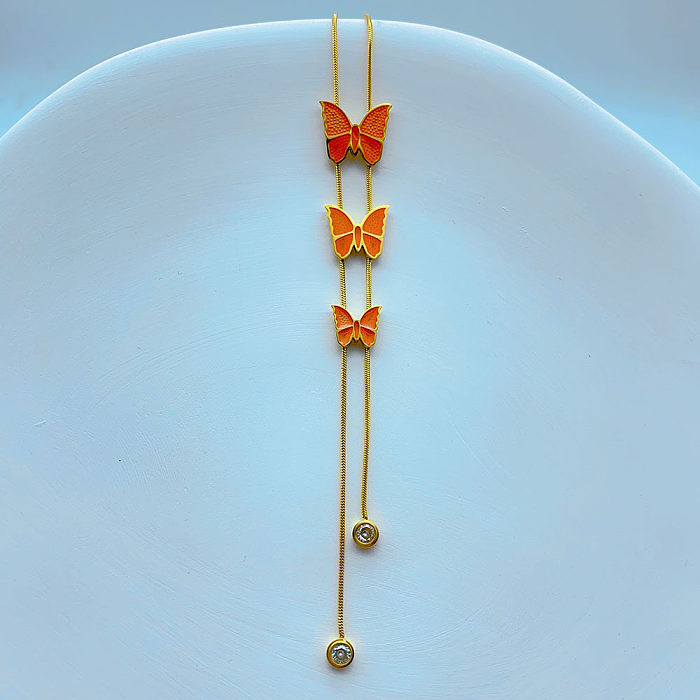 Atacado estilo simples borboleta aço inoxidável 18K colar com pingente de zircão banhado a ouro