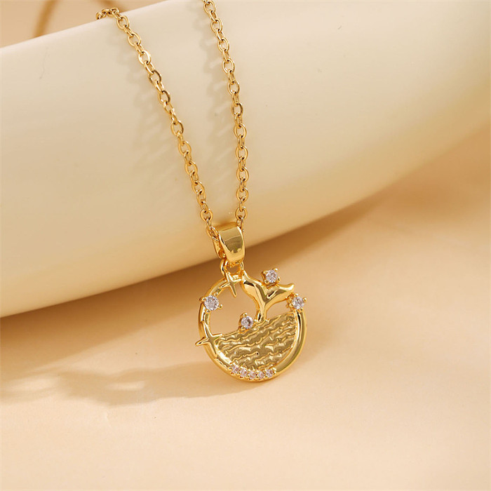 Collier pendentif en acier inoxydable plaqué or 18 carats, style simple, cercle, forme de cœur, fleur, incrustation de Zircon