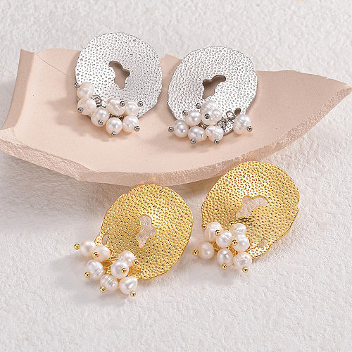 1 par de pendientes elegantes chapados en perlas geométricas de acero inoxidable chapado en oro de 18 quilates