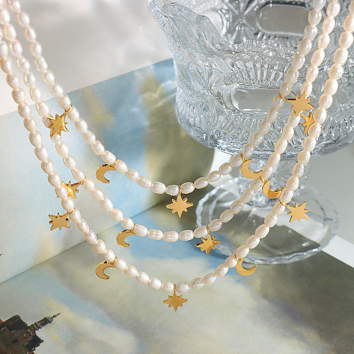 Elegante y lujoso estilo barroco estrella luna perla de agua dulce chapado en acero inoxidable collar chapado en oro de 18 quilates