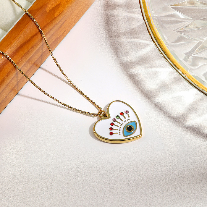 Sweet Artistic Heart Shape Eye Stainless Steel  Enamel Zircon Pendant Necklace