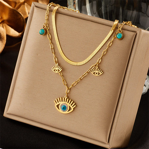 Vintage Style Round Devil'S Eye Stainless Steel Plating Inlay Turquoise 18K Gold Plated Layered Necklaces