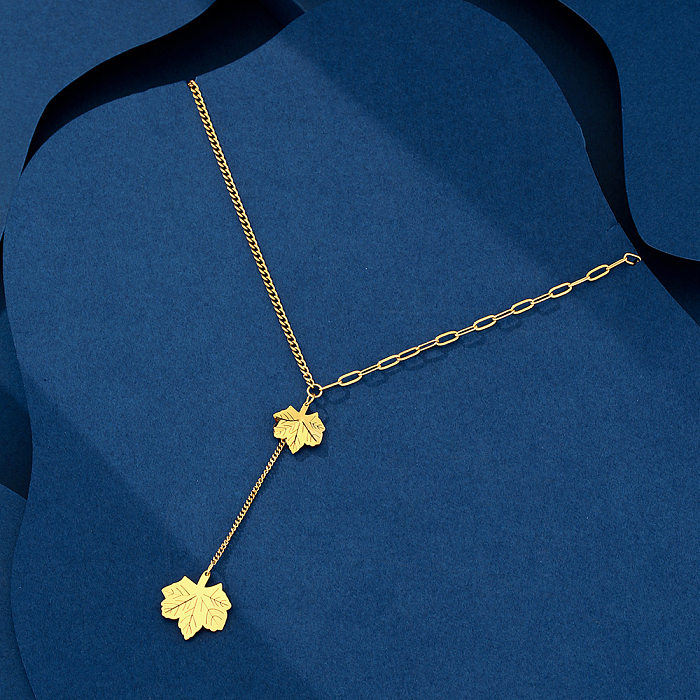 Casual Simple Style Star Moon Maple Leaf Stainless Steel Plating Hollow Out Inlay 18K Gold Plated Pendant Necklace