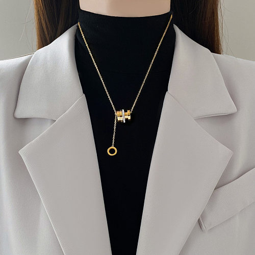 Damen-Halskette mit geometrischem Edelstahl-Intarsien-Strassstein-Anhänger, 1 Stück