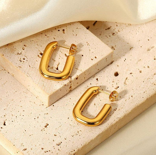 Einfache, einfarbige U-förmige quadratische Ohrringe aus 18-karätigem Gold mit Edelstahlbeschichtung