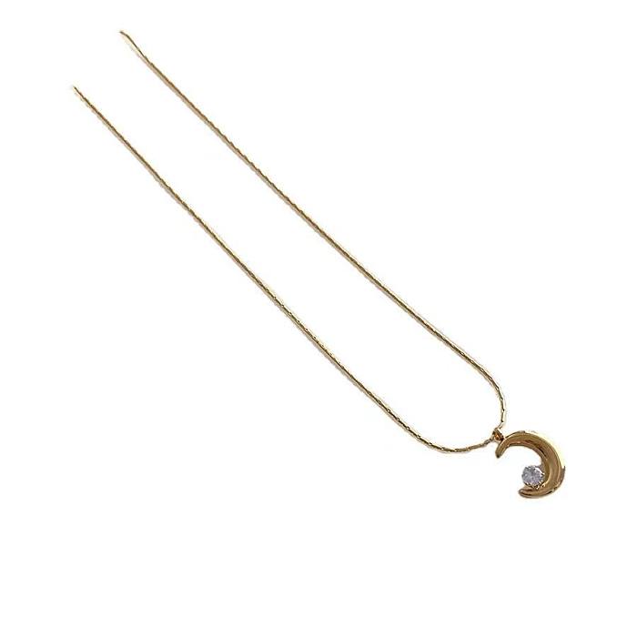 Simple Style Moon Stainless Steel Inlay Zircon Pendant Necklace