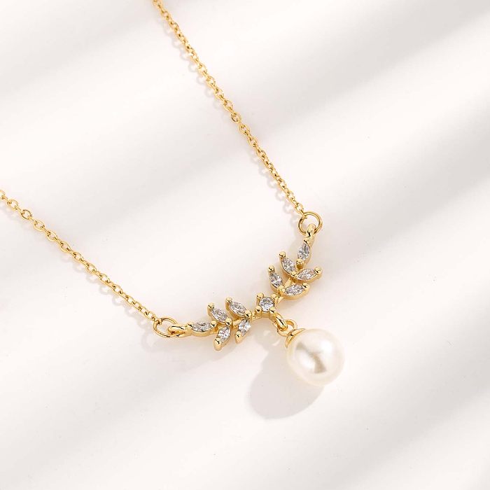 Cute Sweet Heart Shape Bow Knot Elk Stainless Steel Plating Inlay Resin Pearl Zircon Gold Plated Pendant Necklace