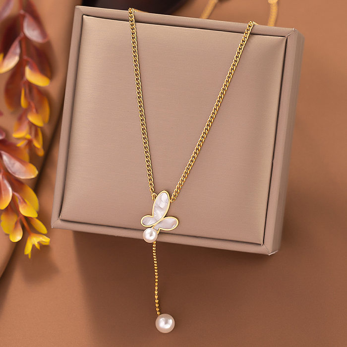 Simple Style Heart Shape Imitation Pearl Stainless Steel Plating Inlay Shell Pendant Necklace