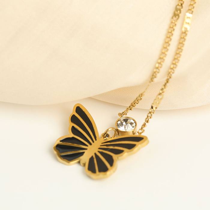 Sweet Simple Style Butterfly Stainless Steel  Stainless Steel Plating Inlay Zircon 18K Gold Plated Pendant Necklace