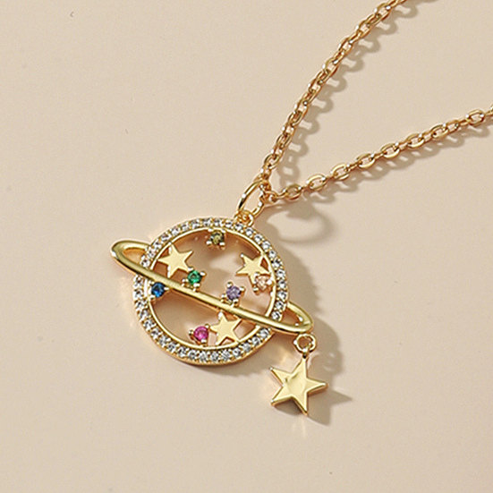 Women's Stainless Steel Zicon Inlaid Planet Pendent Necklace