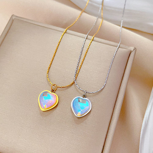 Sweet Heart Shape Stainless Steel Plating Inlay Artificial Gemstones Pendant Necklace