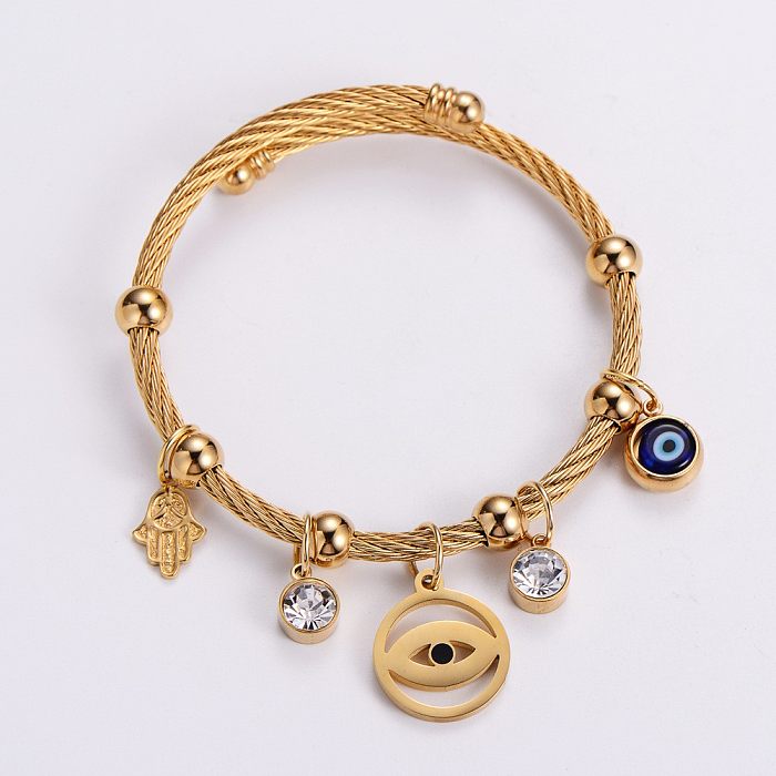 1 Piece Fashion Devil'S Eye Hand Of Fatima Stainless Steel Plating Hollow Out Inlay Zircon Bangle
