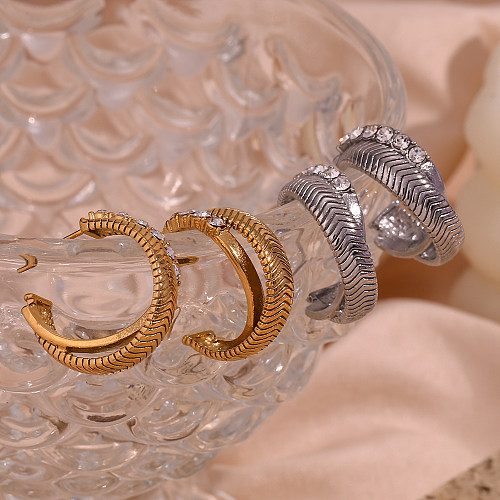 1 par básico estilo vintage estilo clássico c forma chapeamento incrustação strass de aço inoxidável brincos banhados a ouro 18k