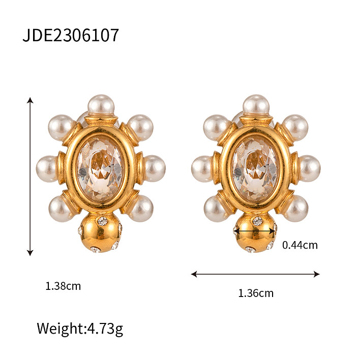 1 Paar IG Style Oval Plating Inlay Edelstahl Zirkon 18K vergoldete Ohrstecker