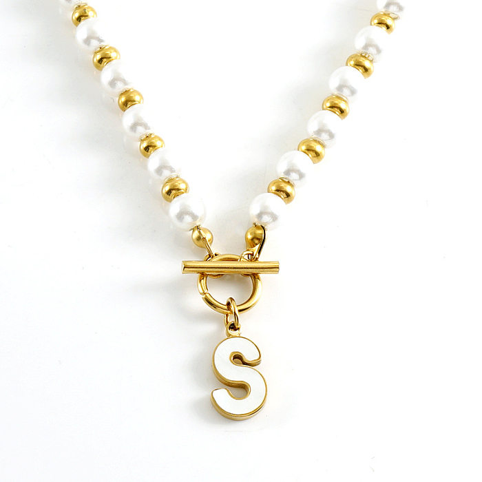 Collier avec pendentif en forme de lettre en acier inoxydable, placage de perles, incrustation de coquillage, 1 pièce