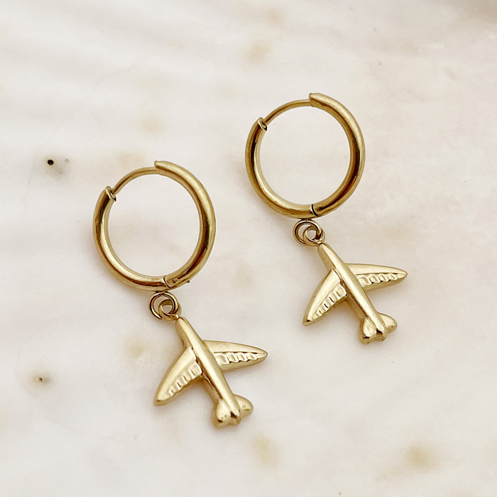 1 Paar schlichte Ohrringe aus Edelstahl mit Tierkreuz-Flugzeugbeschichtung, 14 Karat vergoldet