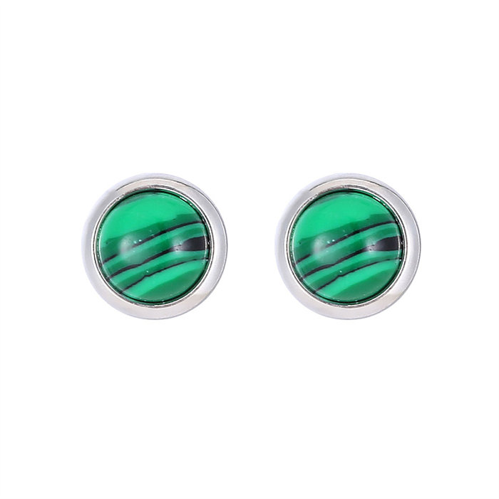 1 paire de clous d'oreilles turquoise en acier inoxydable avec incrustation de texture ronde de style classique