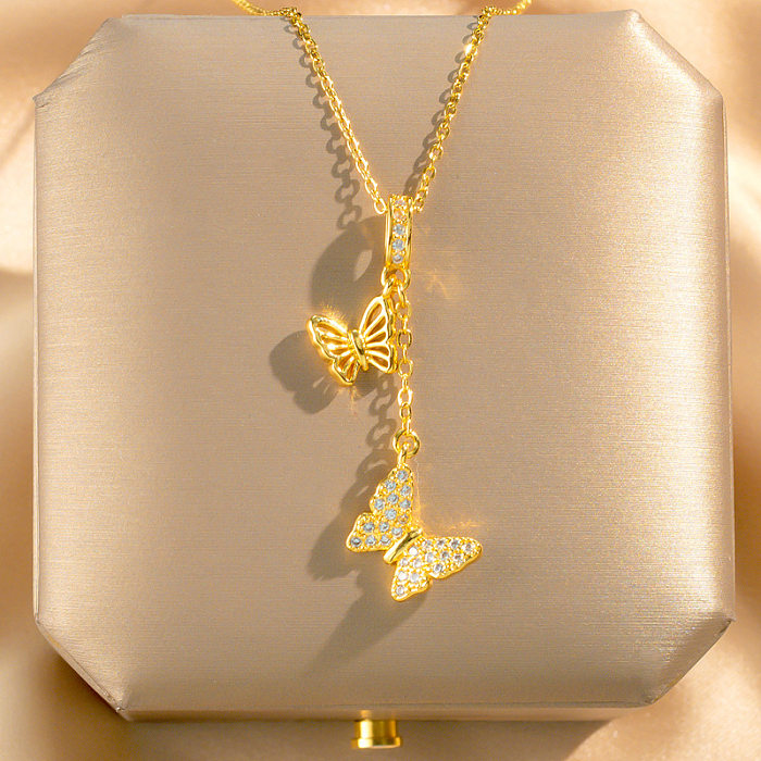 Cute Sweet Rabbit Letter Flower Stainless Steel Copper Enamel Plating Inlay Zircon Pendant Necklace