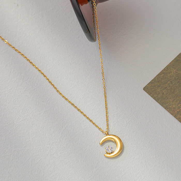 Collier pendentif en cristal artificiel avec incrustation de placage en acier inoxydable de lune de Style Simple