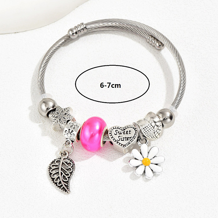 Cute Fashion Sweet Devil'S Eye Feather Flower Stainless Steel Plating Inlay Zircon White Gold Plated Bangle