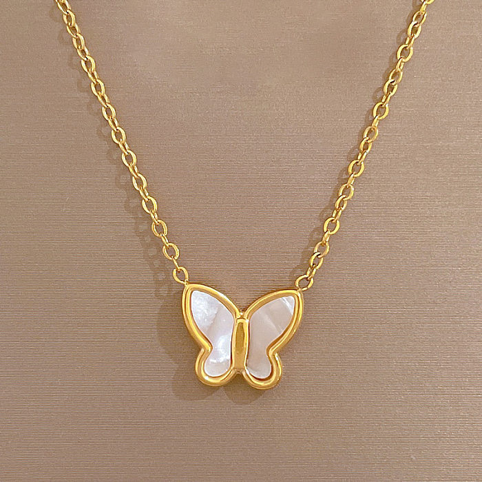 Lady Butterfly Shell Stainless Steel Plating Pendant Necklace 1 Piece