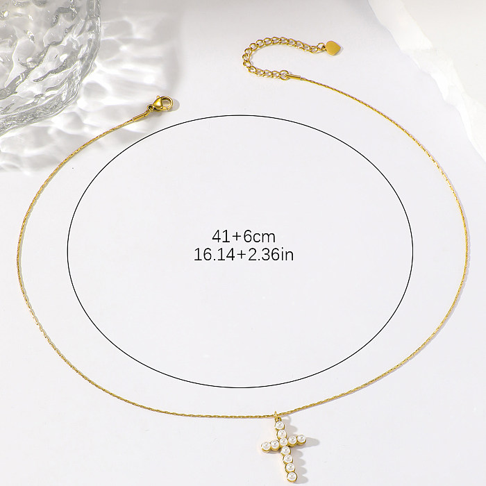 Basic Modern Style Cross Stainless Steel  Plating Inlay Artificial Pearls 18K Gold Plated Pendant Necklace