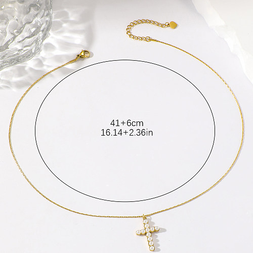 Einfache, moderne Halskette mit Kreuz-Anhänger, Edelstahl-Beschichtung, Intarsien, künstliche Perlen, 18 Karat vergoldet