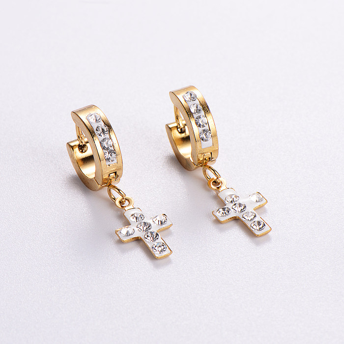 12 pares casual streetwear cruz chapeamento incrustação de aço inoxidável diamante artificial 18k brincos banhados a ouro