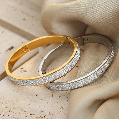 Elegante luxuoso cor sólida titânio chapeamento de aço strass pulseira banhada a ouro 18K