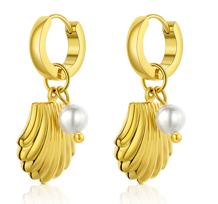 1 par lindo estilo simple estilo clásico festoneado acero inoxidable perla artificial acero inoxidable chapado en oro pendientes colgantes