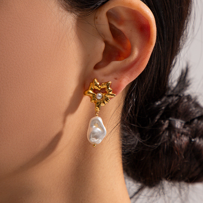 1 paire de boucles d'oreilles pendantes plaquées or 18 carats, Style IG, en forme de cœur irrégulière, en acier inoxydable, Imitation de perle