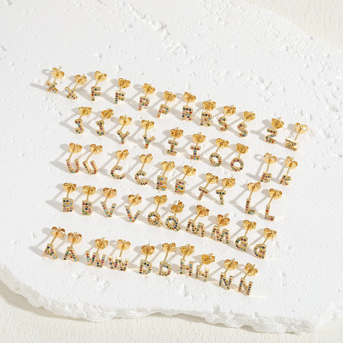 Pendientes chapados en oro de 1K con incrustaciones de cobre y circonita, elegantes y lujosos, estilo clásico, con letras asimétricas, 14 par