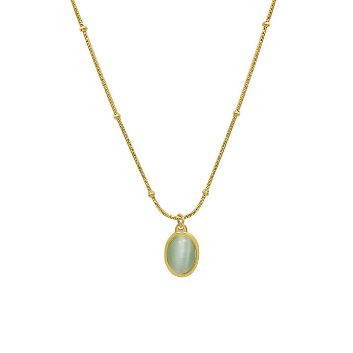 Elegant Retro Oval Stainless Steel Inlay Opal 18K Gold Plated Pendant Necklace
