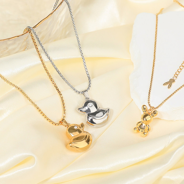 Lässige, niedliche kleine Bären-Enten-Halskette mit Edelstahl-Beschichtung, Inlay, Zirkon, vergoldet