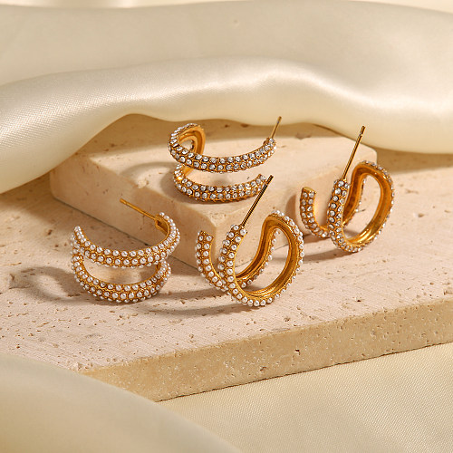Clous d'oreilles en forme de C en acier inoxydable, Style Simple, incrustation de couches de perles en Zircon, 1 paire