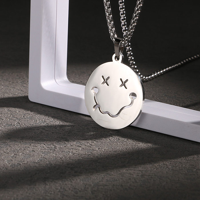 Hip-Hop Simple Style Smiley Face Stainless Steel  Stainless Steel Polishing Plating Hollow Out Pendant Necklace Long Necklace