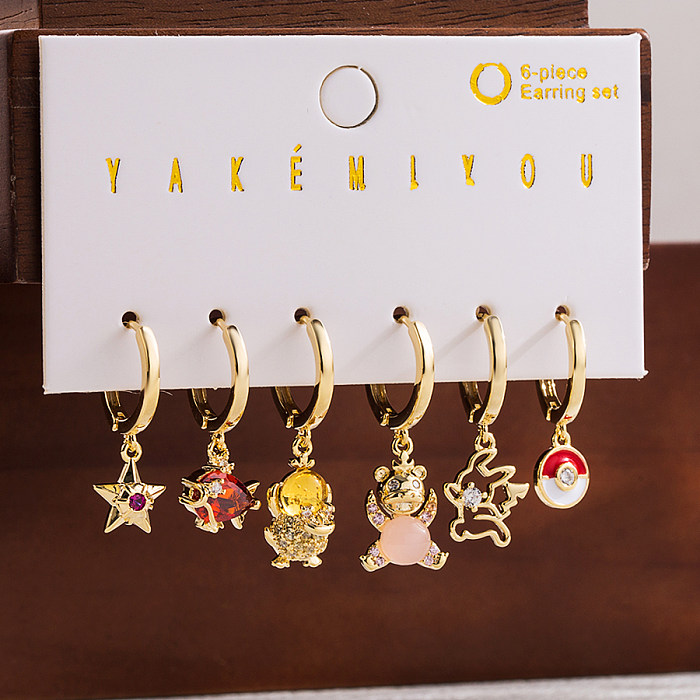 1 Set Cute Simple Style Cartoon Character Star Heart Shape Enamel Stainless Steel  Zircon 14K Gold Plated Drop Earrings