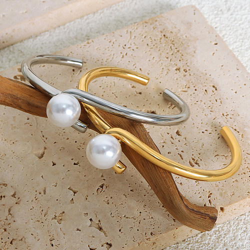 Elegant Solid Color Titanium Steel Plating Inlay Artificial Pearls 18K Gold Plated Bangle