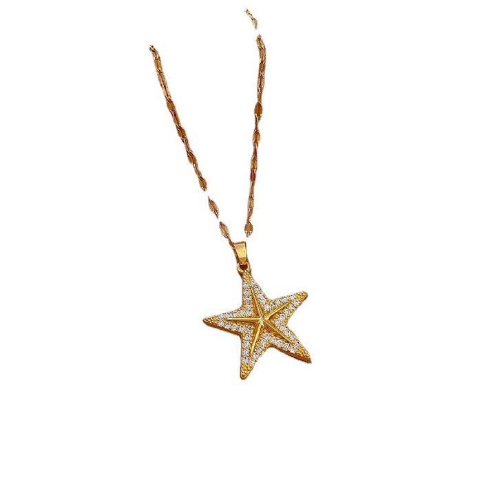 Fashion Starfish Stainless Steel Copper Chain Inlay Artificial Diamond Pendant Necklace