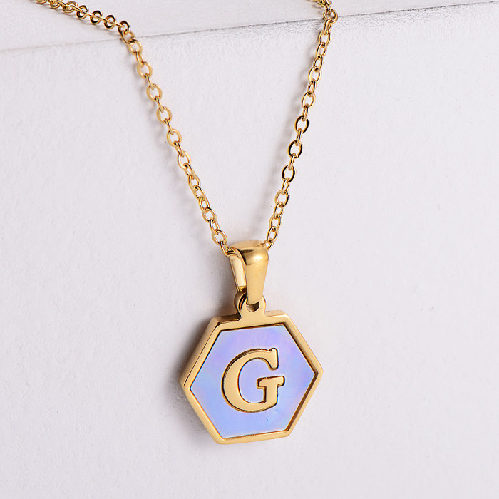 New Hexagon Pendant Inlaid Blue Shell Letter Stainless Steel  Necklace